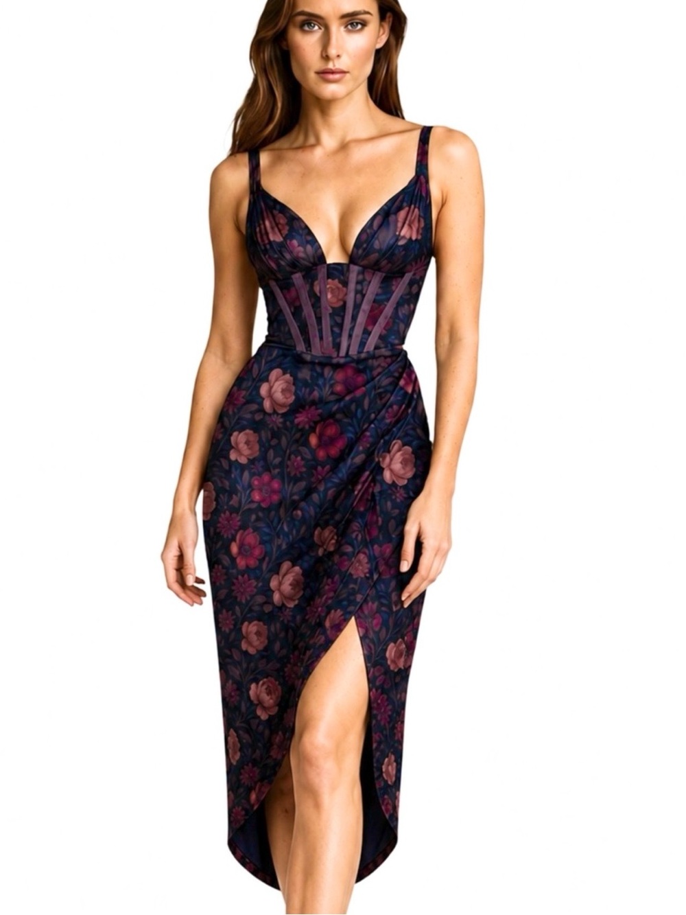 NWT Whisper Nessa Floral Corset Midi Dress with Slit Size M